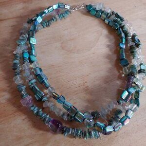 Handcrafted 3-strand iridescent beaded choker necklace green purple